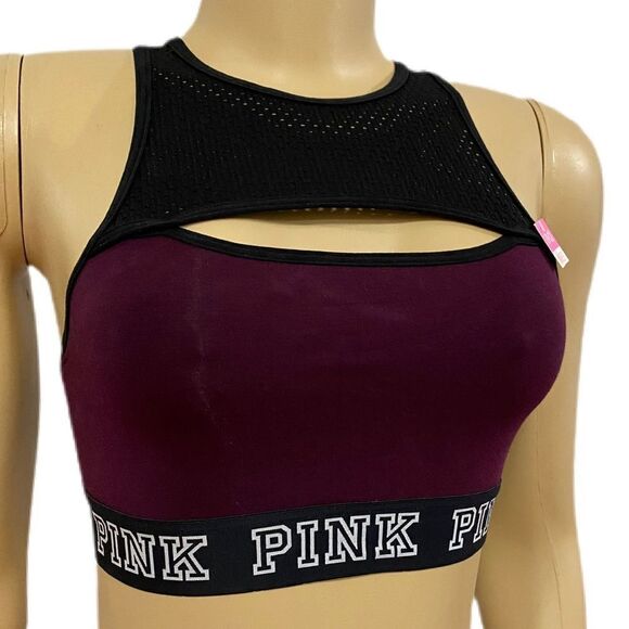 Victorias Secret Pink Sport Cotton Unlined High Neck Crop bra black wine Small - Picture 3 of 5
